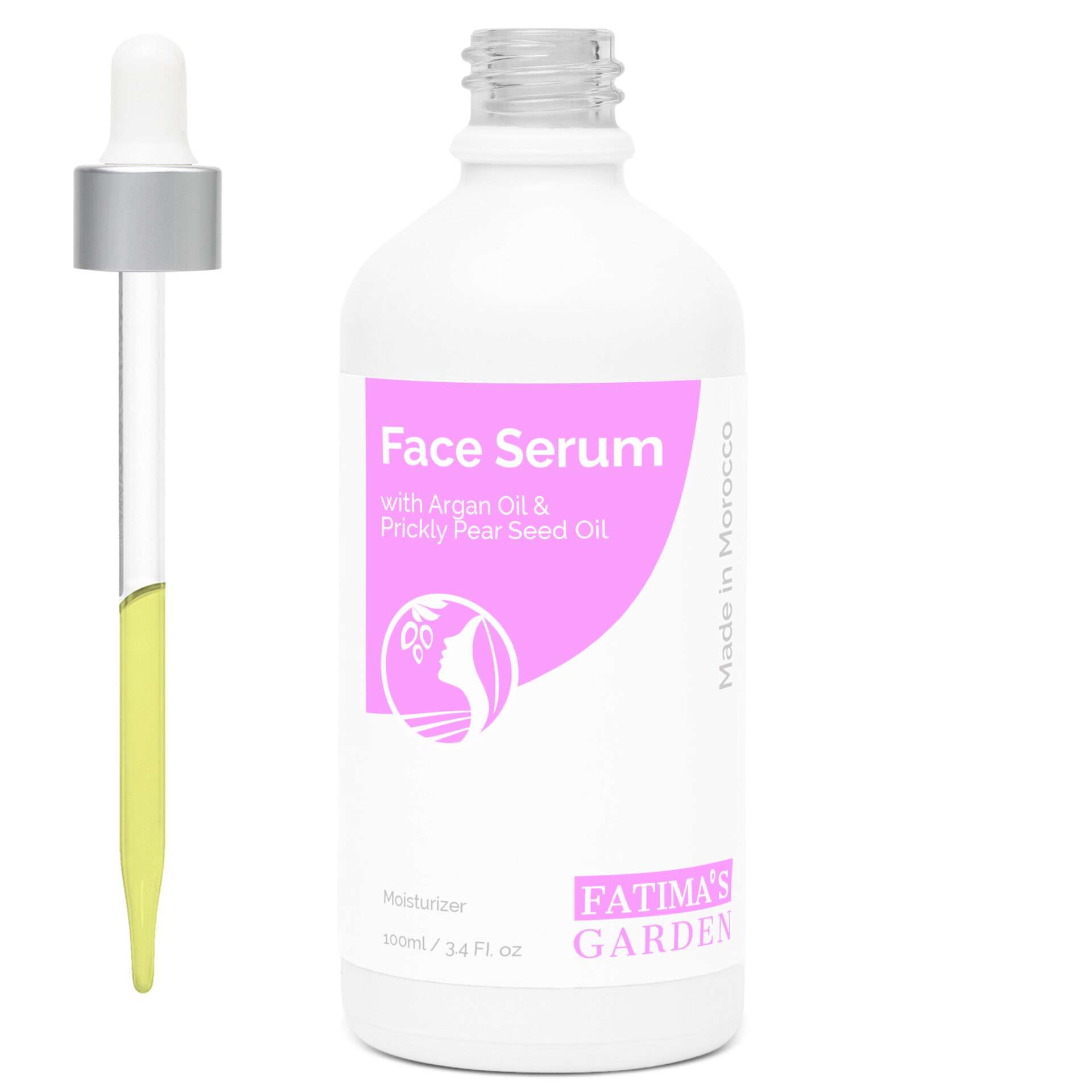 Fatima's Garden argan and prickly pear face serum, 100 ml glass bottle with dropper