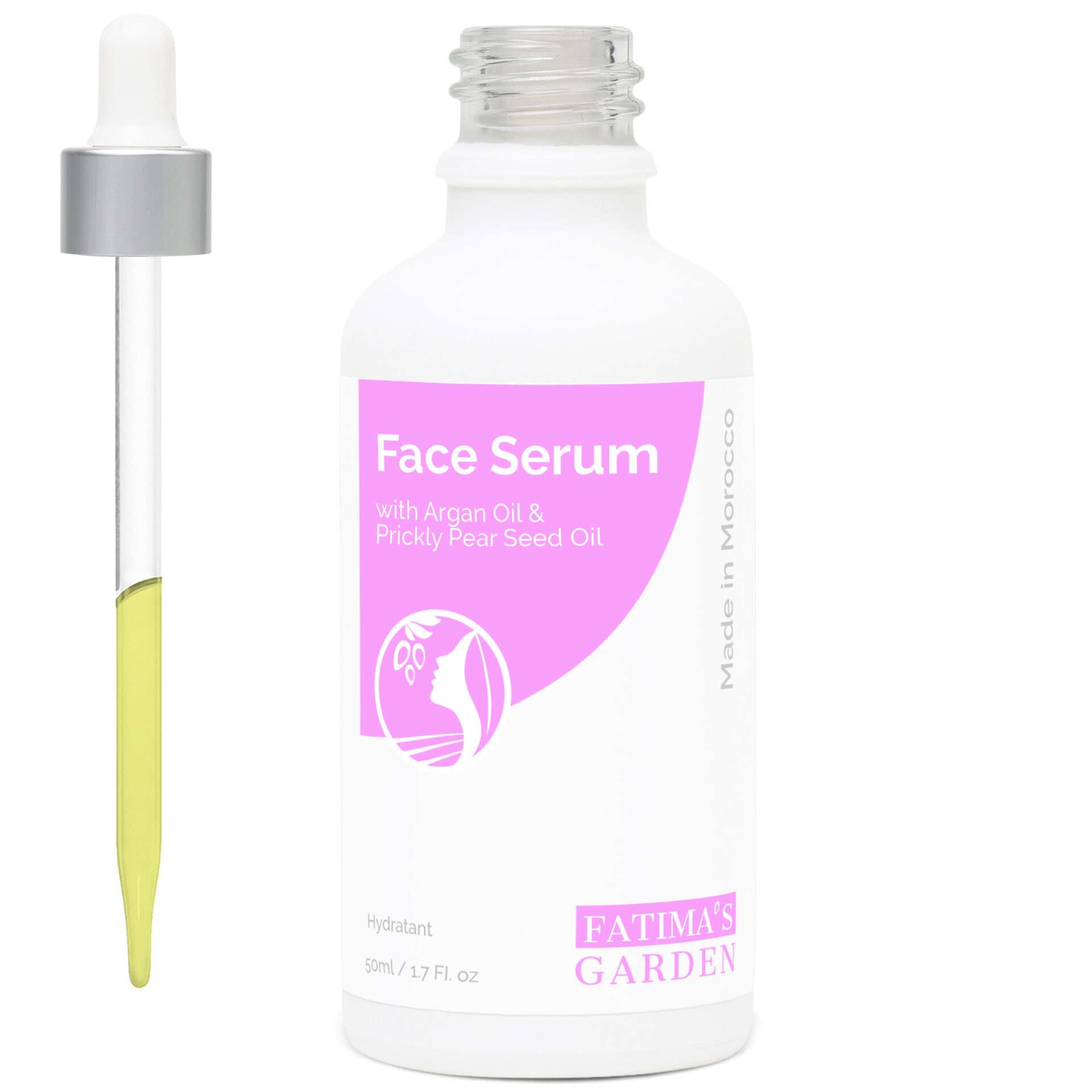 Fatima's Garden argan and prickly pear face serum, 50 ml glass bottle with dropper