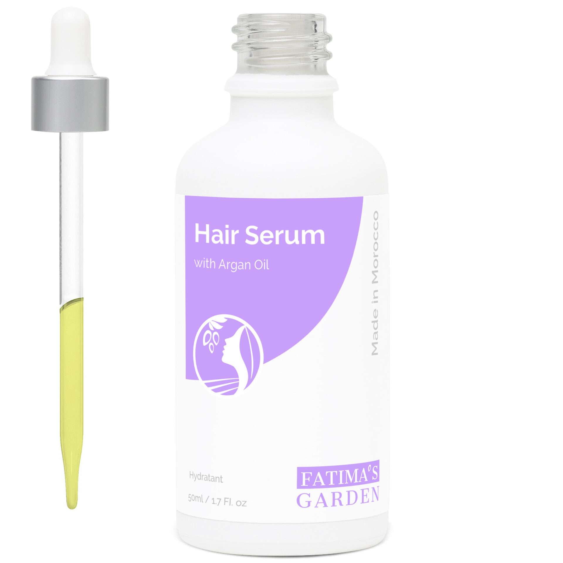 Fatima's Garden argan oil hair serum, 50 ml glass bottle with dropper