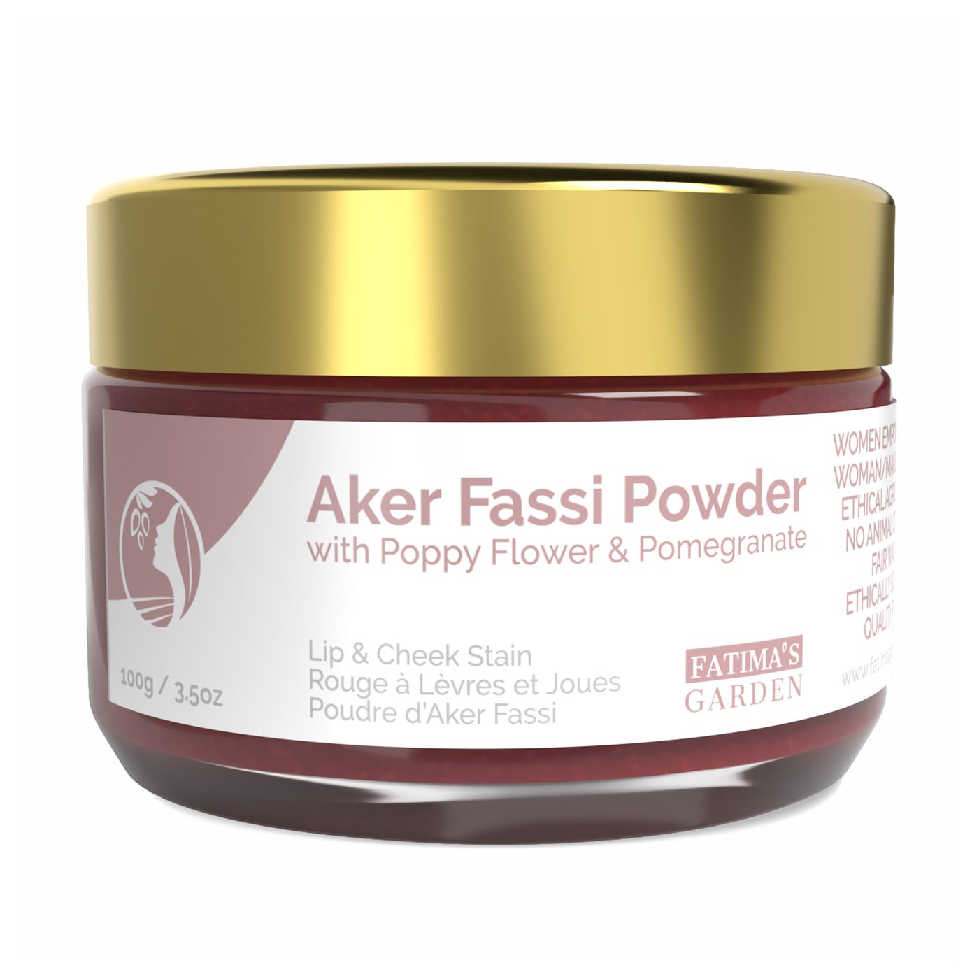 The Fatima’s Garden 100 g aker fassi jar, deep red powder under a gold aluminium cap