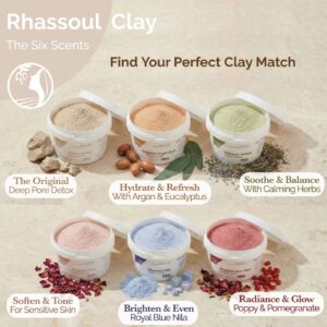Rhassoul Clay range by Fatima's Garden: pure, with argan and eucalyptus, with herbs, with rose, with Nila and with Aker Fassi