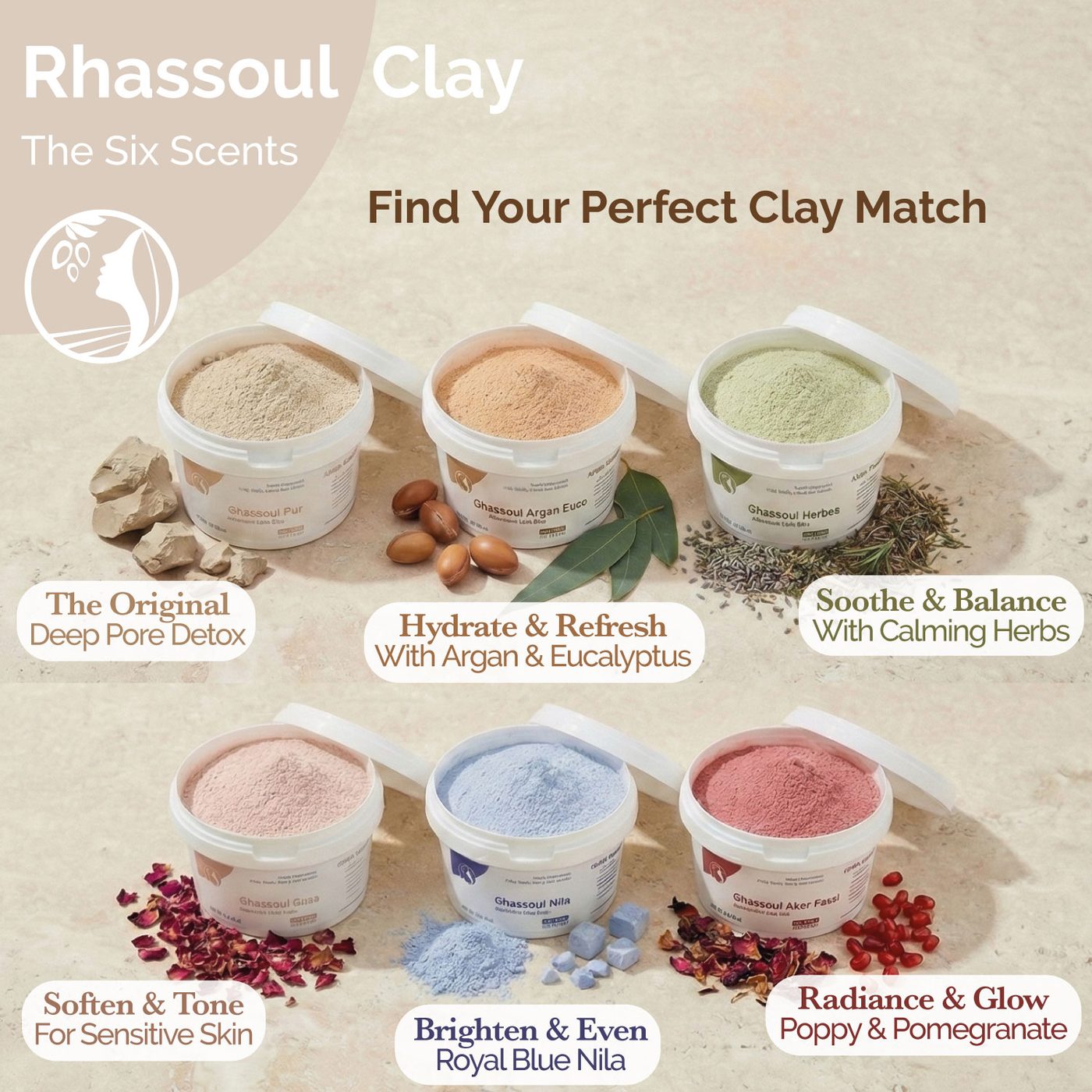 Rhassoul Clay range by Fatima's Garden: pure, with argan and eucalyptus, with herbs, with rose, with Nila and with Aker Fassi