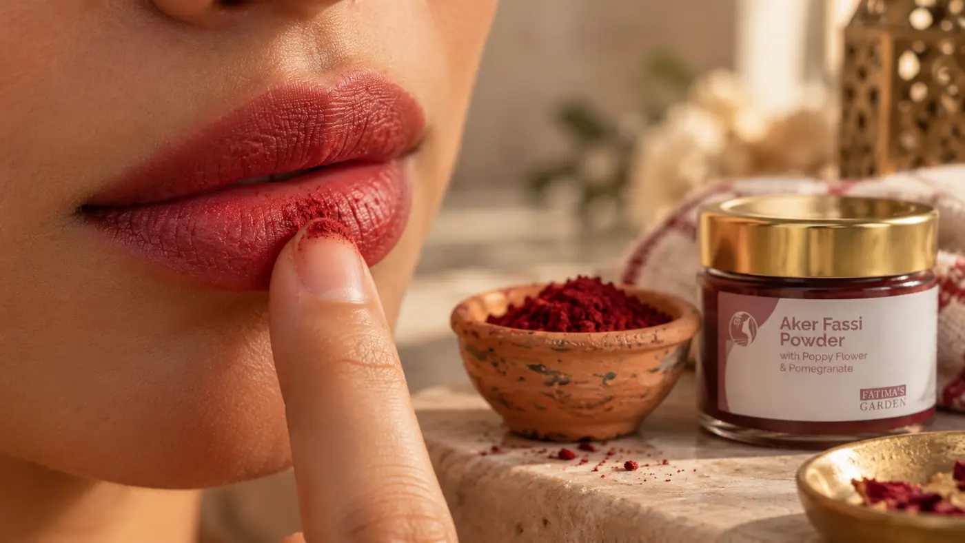 A finger pressing deep red aker fassi onto the lips, the Fatima’s Garden jar and a small bowl of the red powder beside it