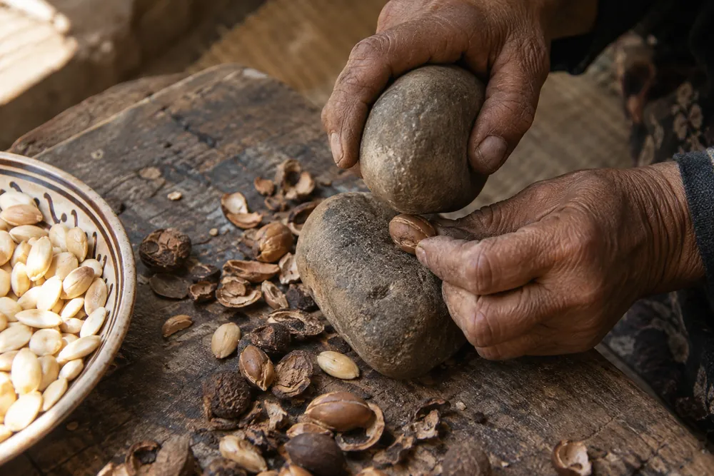 Two hands cracking an argan nut between stones, kernels in a ceramic bowl