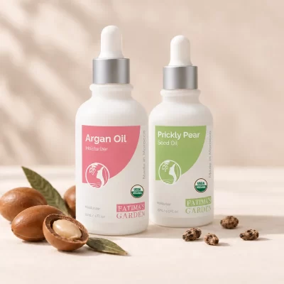 The Fatima’s Garden argan oil and prickly pear seed oil bottles side by side, with argan nuts and prickly pear seeds