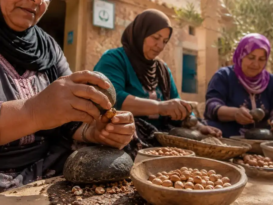 Women from one of the cooperatives Fatima's Garden buys from, sorting argan nuts