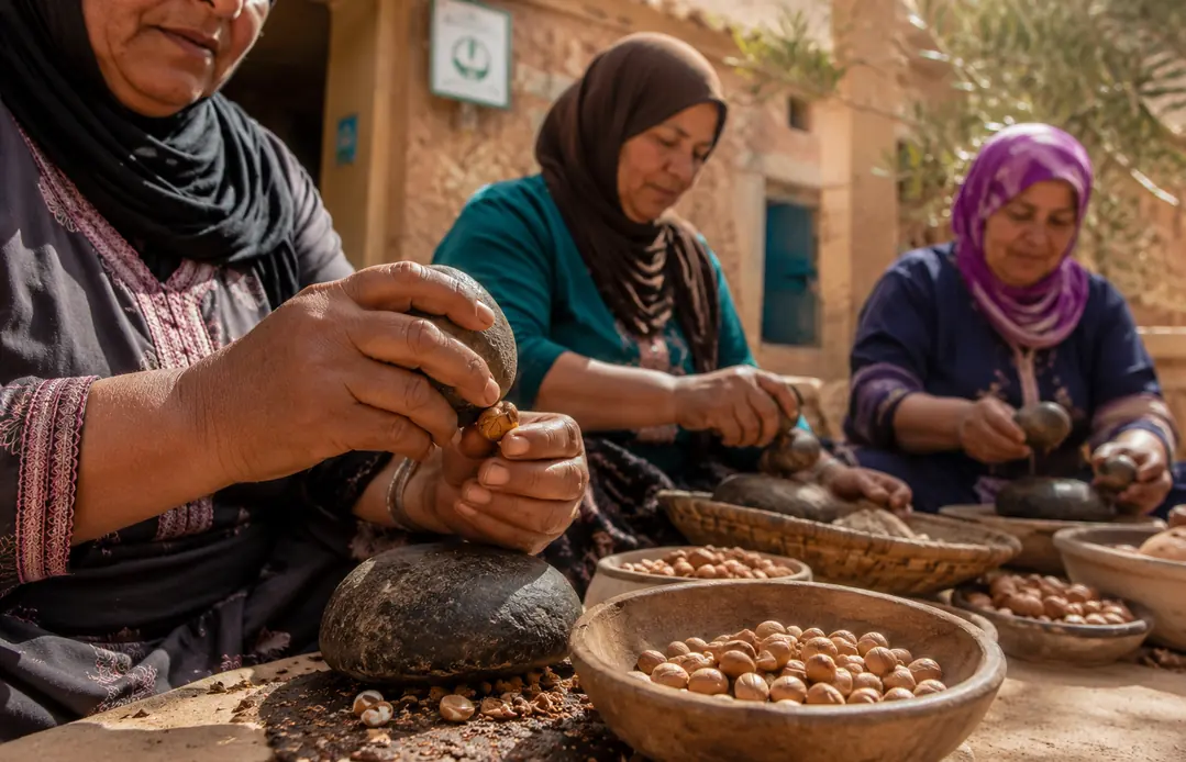Women of the cooperative cracking argan nuts by hand