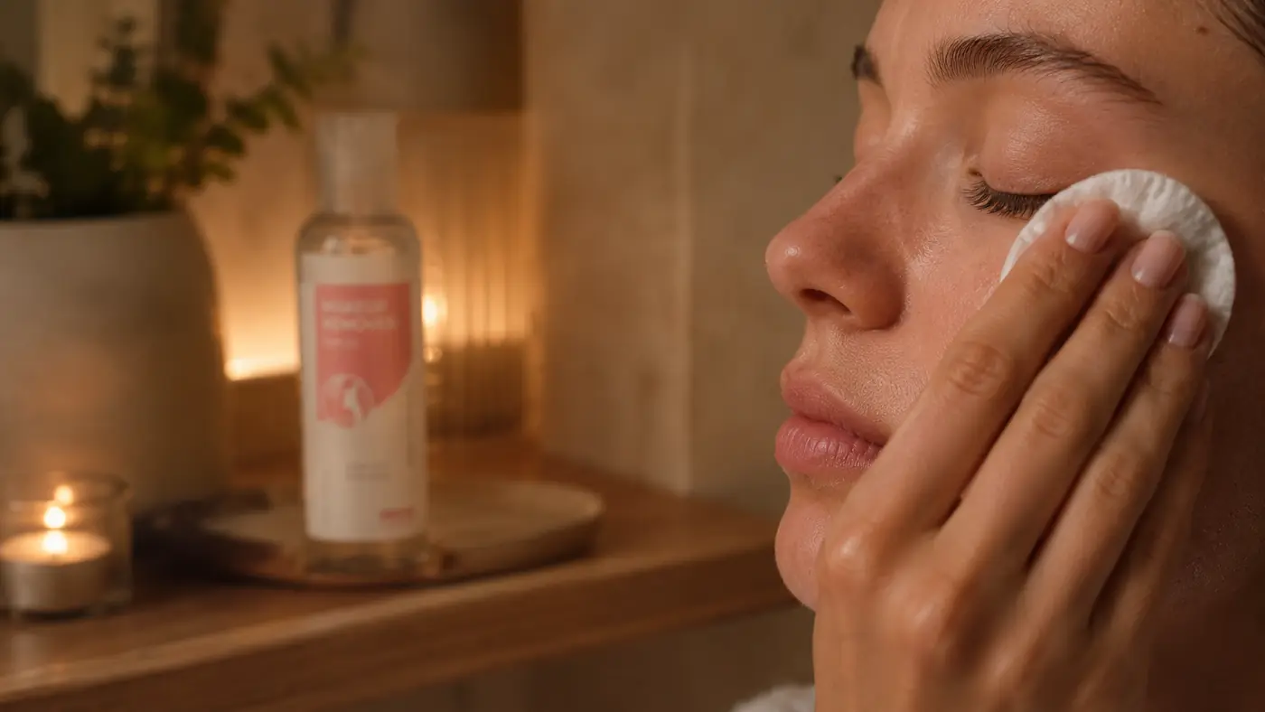 A cotton pad held against a closed eye, the Fatima’s Garden makeup remover bottle on the shelf behind