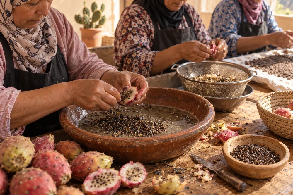 Women separating prickly pear seeds by hand over a terracotta basin