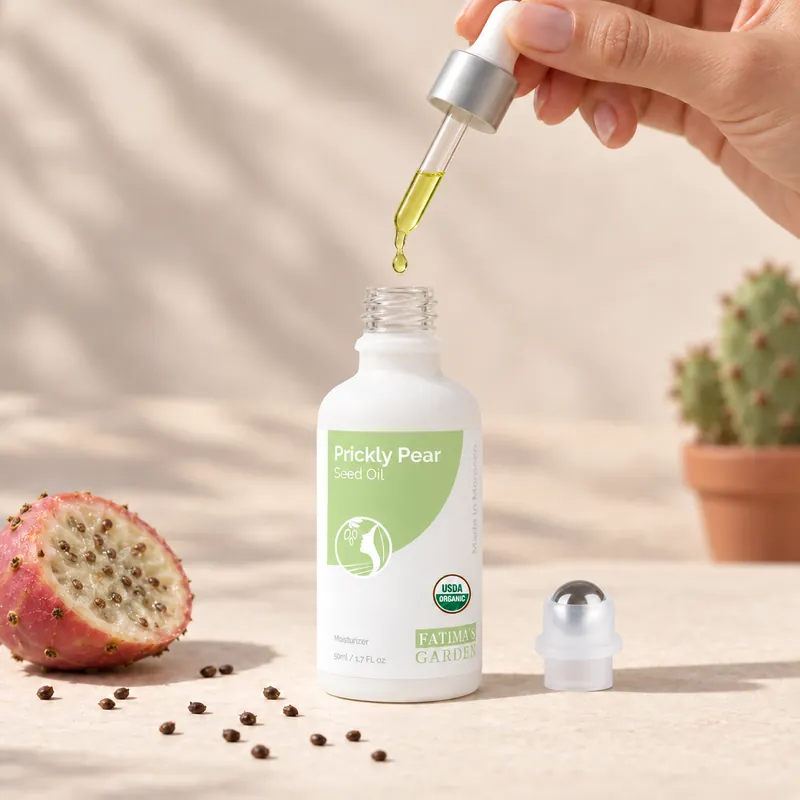 The Fatima’s Garden prickly pear seed oil bottle, a halved prickly pear and scattered seeds