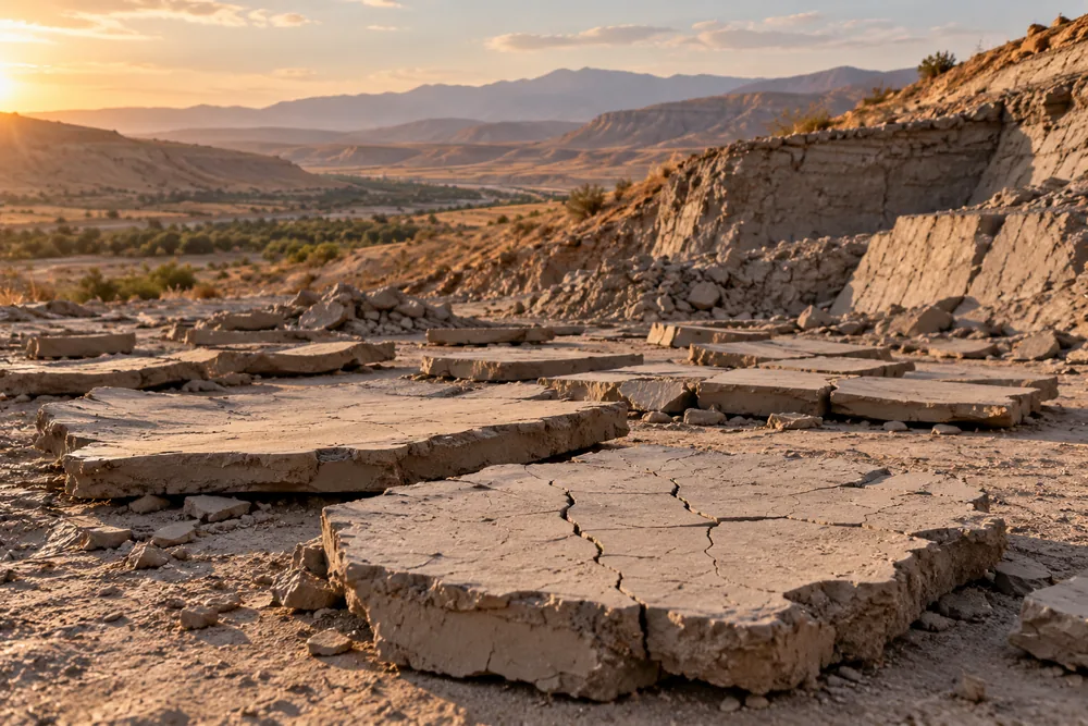 Slabs of raw ghassoul clay drying in the sun at the seam, in the Moulouya valley