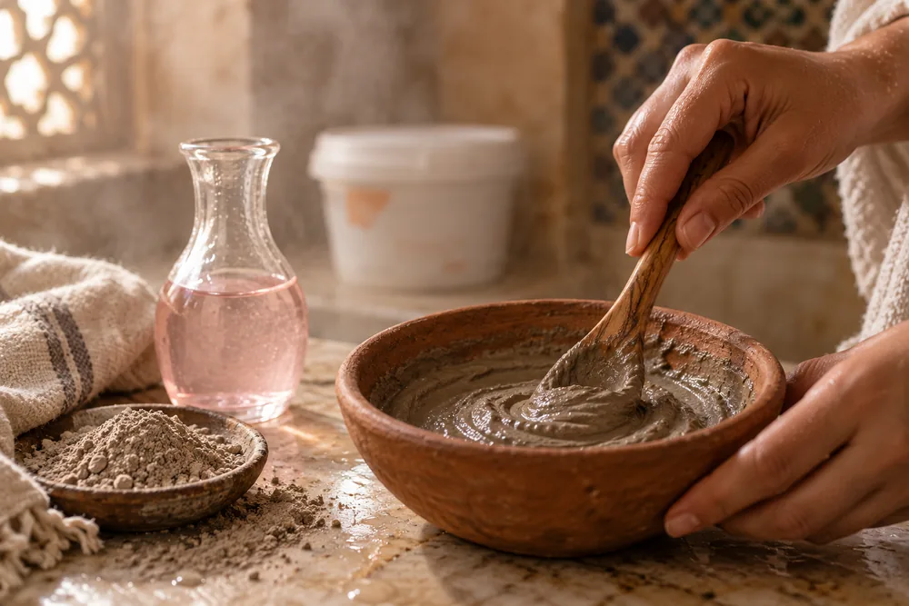 A hand mixing ghassoul clay and rose water into a paste in a terracotta bowl with a wooden spoon