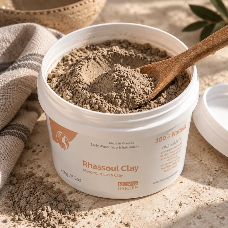 An open jar of Fatima’s Garden ghassoul clay, the grey-brown powder fine, with a wooden spoon resting in it