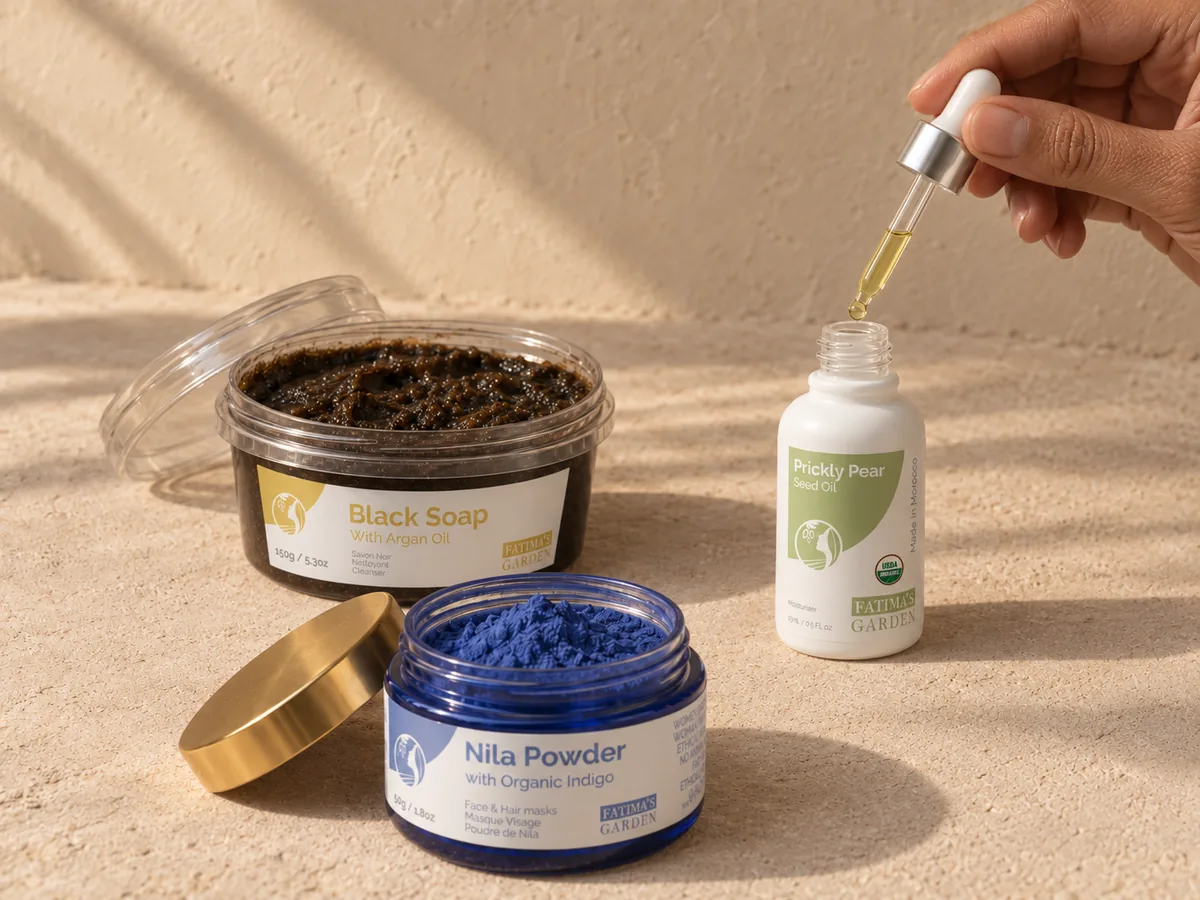 Prickly pear seed oil, black soap with argan oil and nila powder by Fatima's Garden, a hand holding the pipette