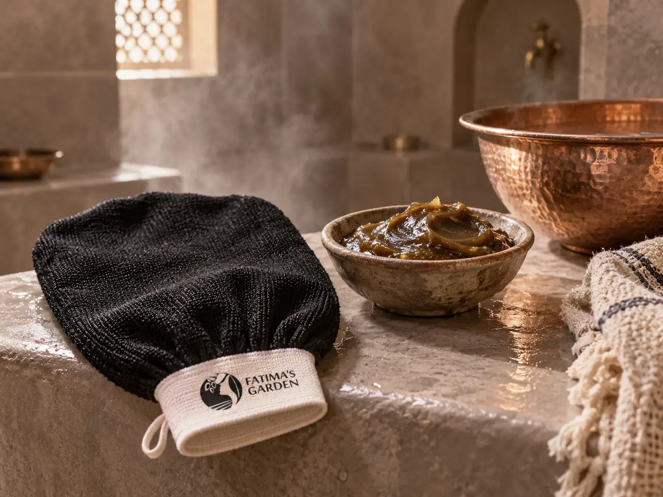 A black kessa glove, a bowl of beldi black soap and a copper bowl on the tadelakt bench of a hammam