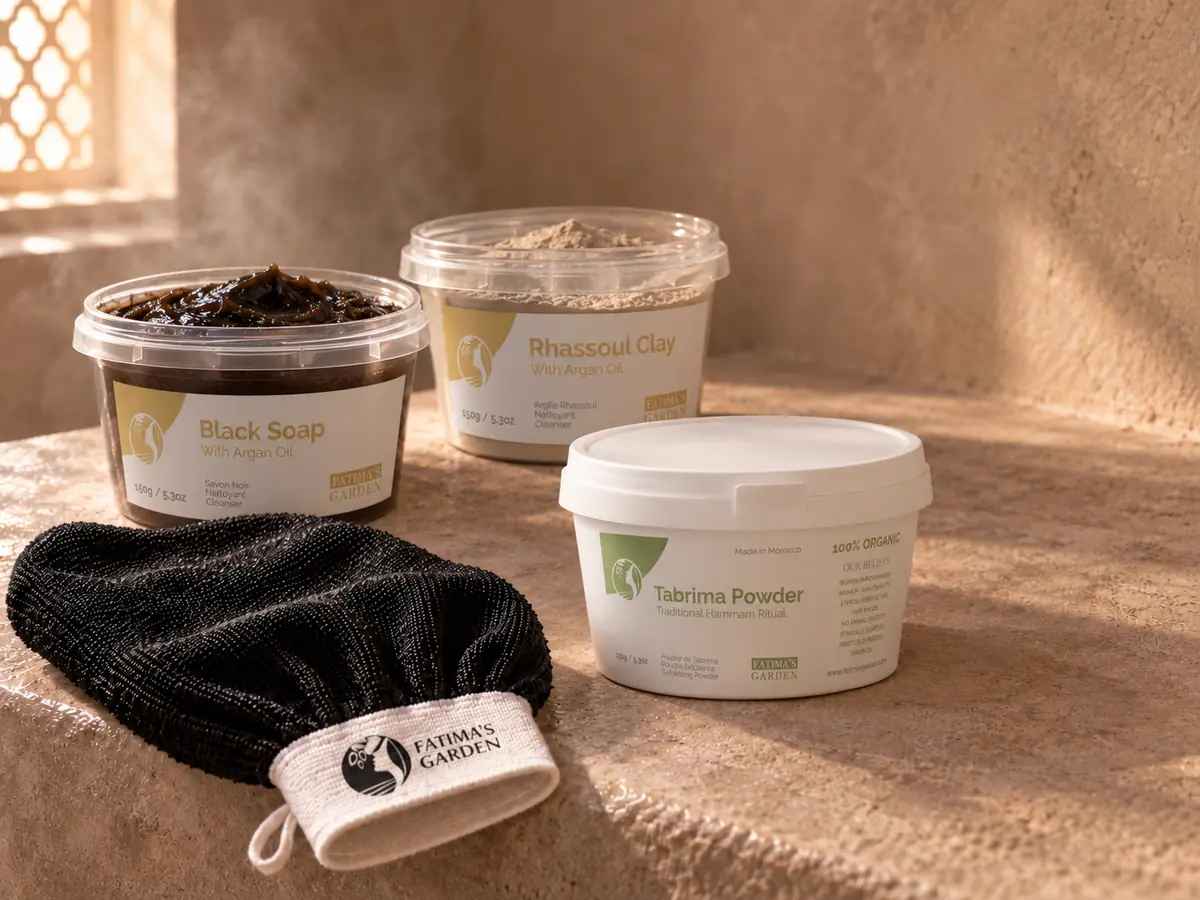The Fatima's Garden hammam set: black soap with argan oil, rhassoul clay with argan oil, traditional tabrima powder and a black kessa glove, on a stone ledge