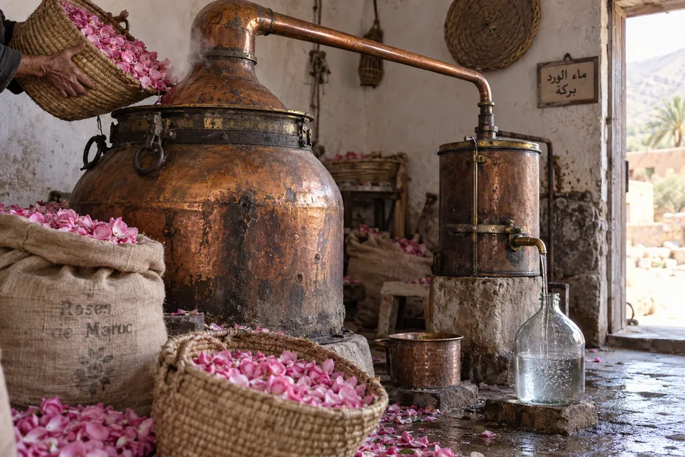 A traditional copper still being charged with rose petals