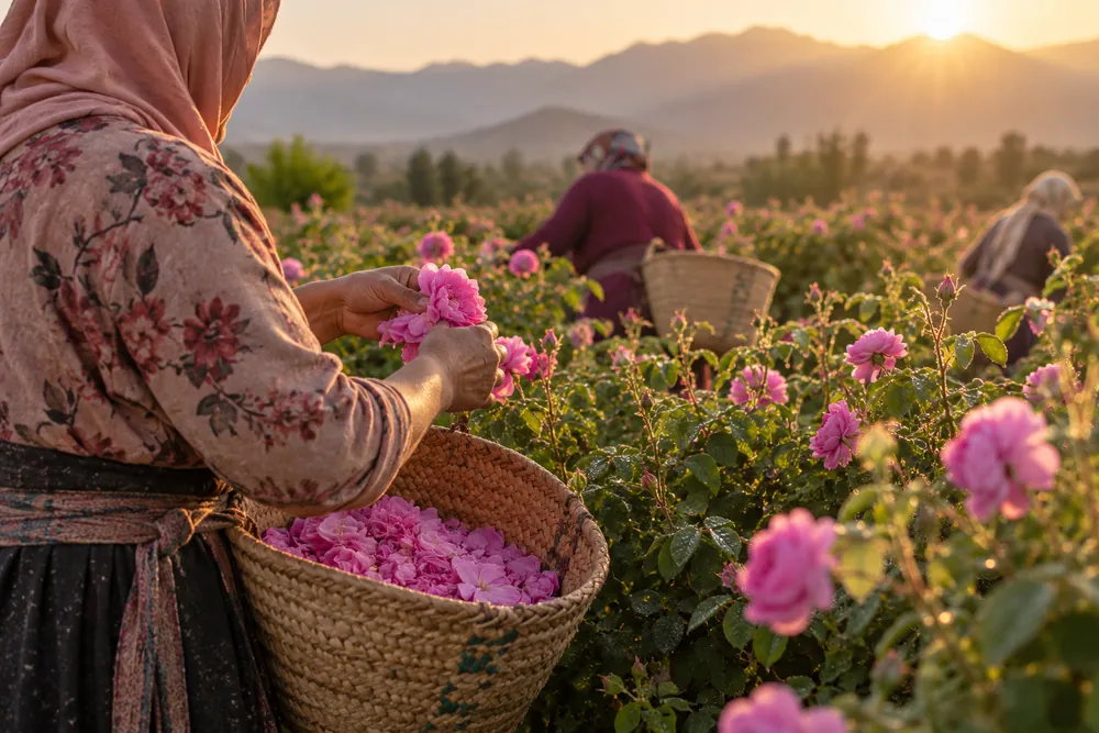 Women picking Damask roses at sunrise in the Valley of Roses