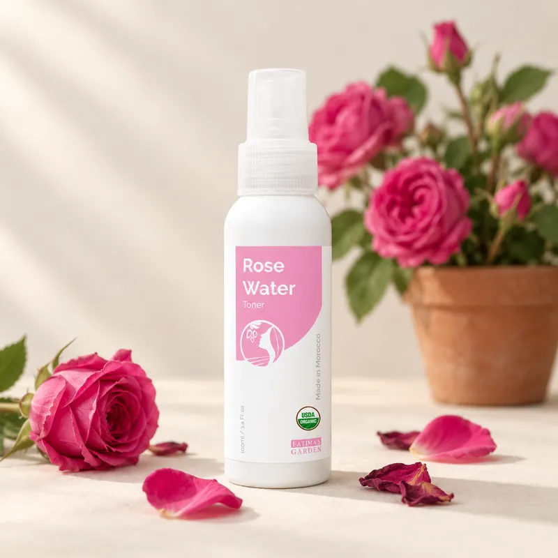 The Fatima’s Garden rose water bottle, with Damask roses and loose petals