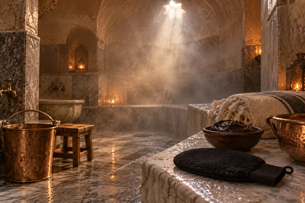The marble interior of a Moroccan hammam, steam in a shaft of light, a bowl of black soap and a kessa glove on the bench