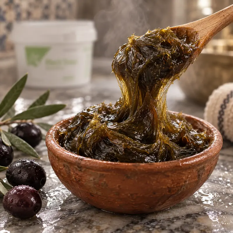 Beldi black soap lifted on a wooden spoon, a thick dark green paste falling back into a terracotta bowl