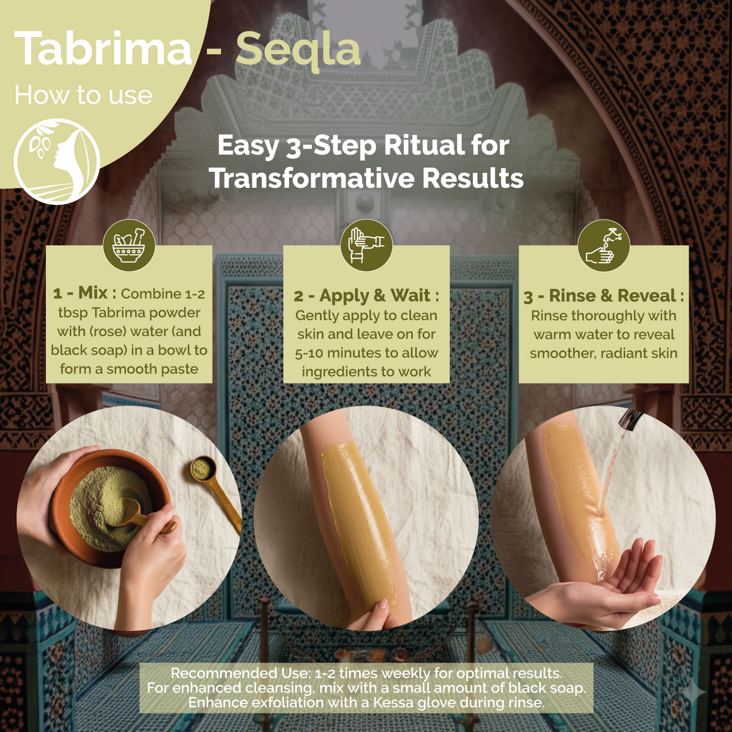 How to use Tabrima powder in 3 steps — mix with rose water into a paste, apply for 5 to 10 minutes, rinse to reveal smoother skin