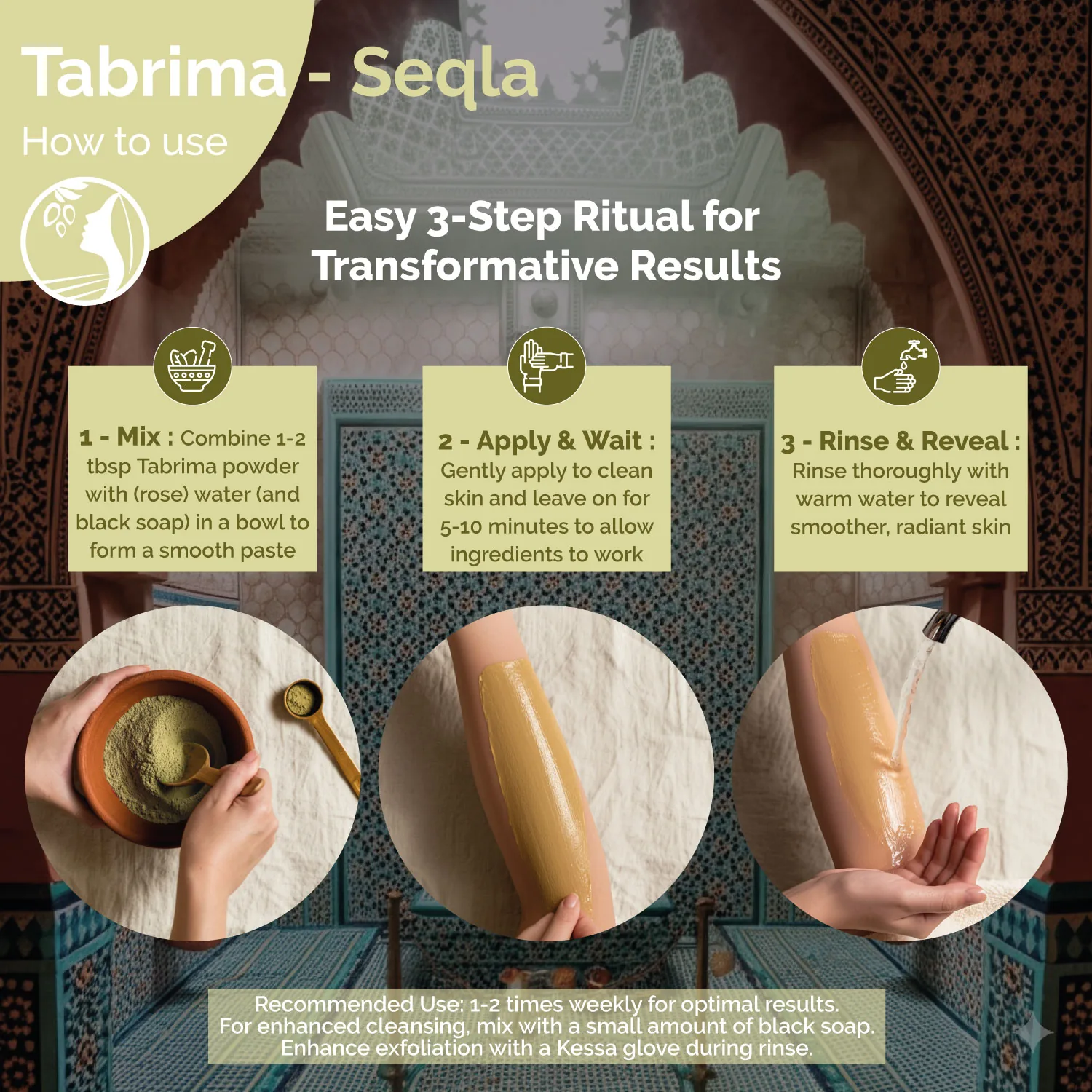 How to use Tabrima powder in 3 steps — mix with rose water into a paste, apply for 5 to 10 minutes, rinse to reveal smoother skin