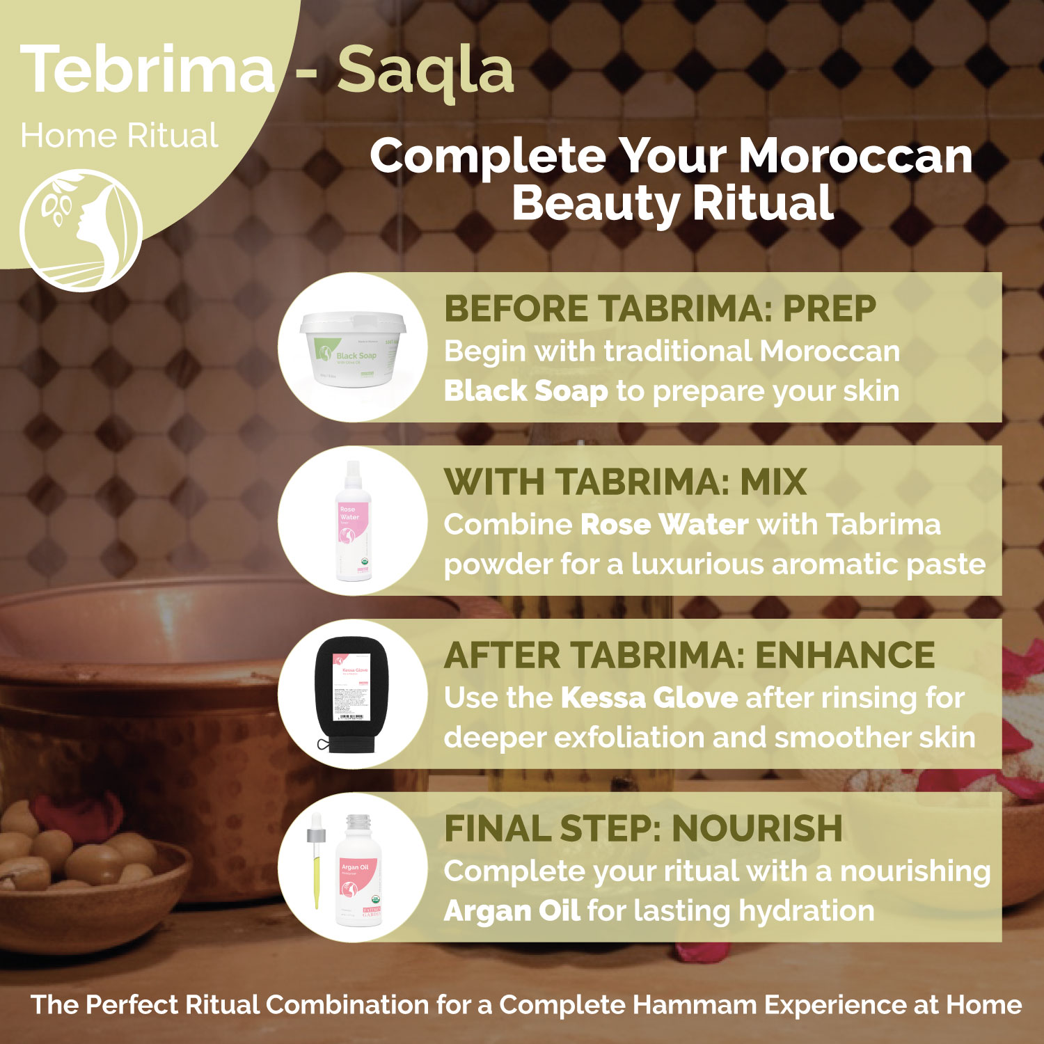 Complete Moroccan beauty ritual at home — black soap to prepare skin, Tabrima powder with rose water, kessa glove, then argan oil