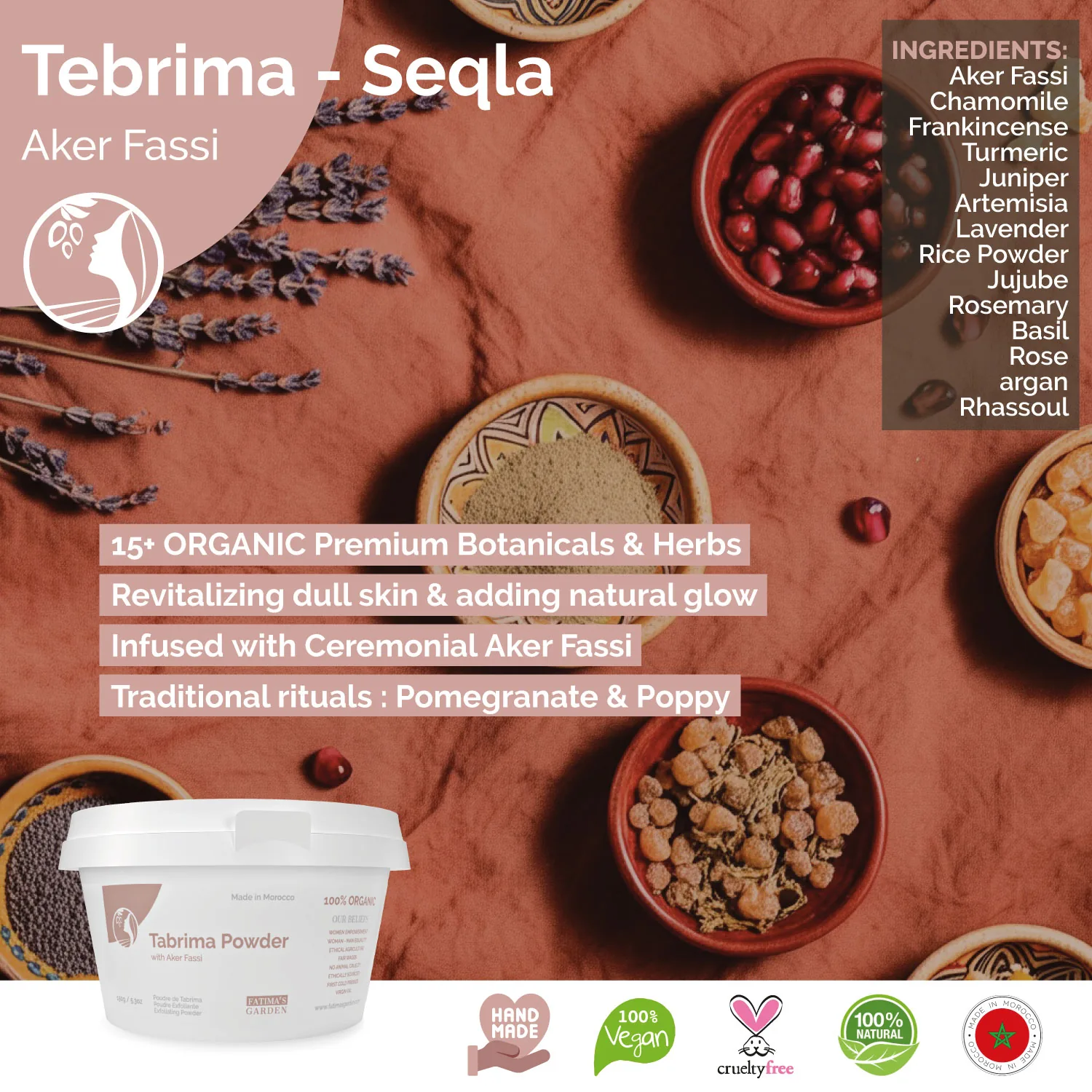 Tabrima with Aker Fassi — Moroccan exfoliating powder with ceremonial pomegranate and poppy pigment to revitalise dull skin