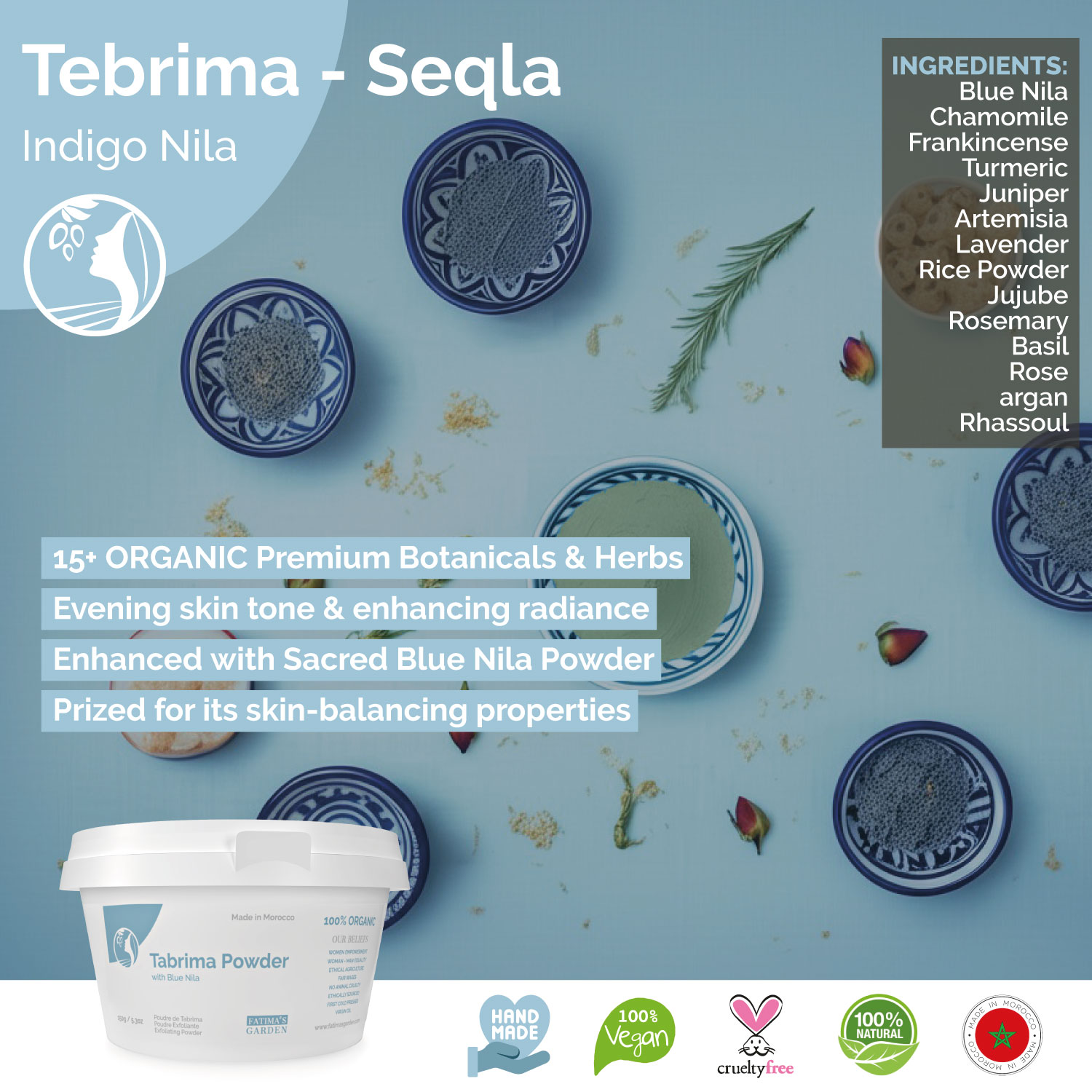 Tabrima with Blue Nila — Moroccan indigo exfoliating powder for evening skin tone and enhancing radiance