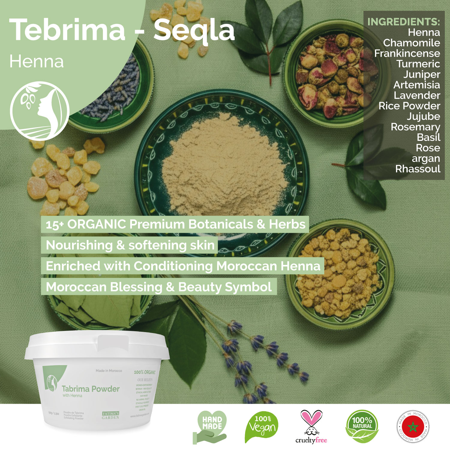 Tabrima with Henna — nourishing and softening Moroccan exfoliating powder enriched with conditioning henna