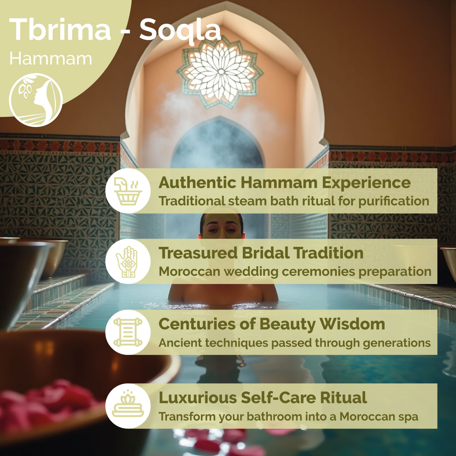 Traditional Moroccan hammam steam bath where Tbrima (Seqla) exfoliating powder is used, a treasured bridal beauty ritual