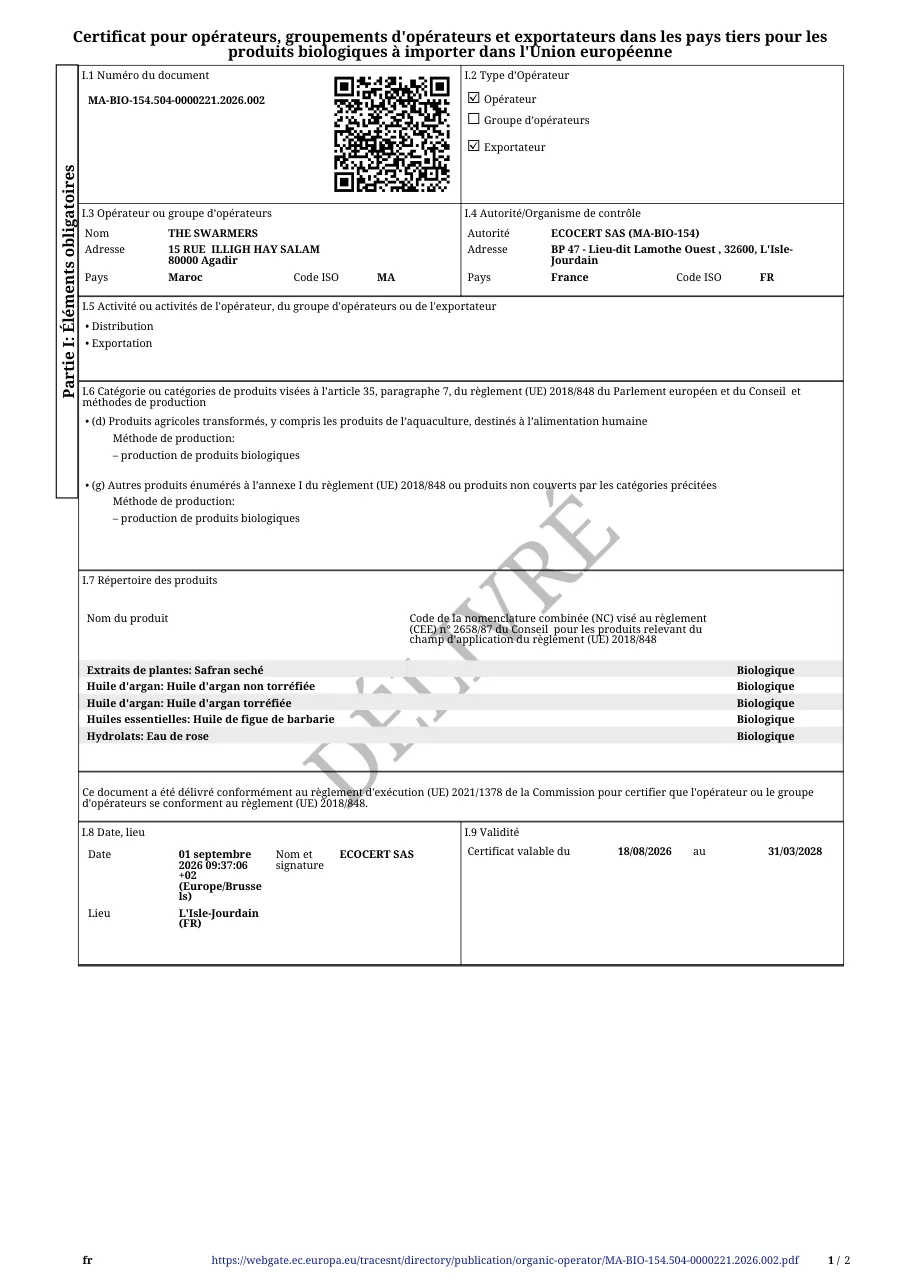 First page of the EU organic certificate of The Swarmers, issued by Ecocert