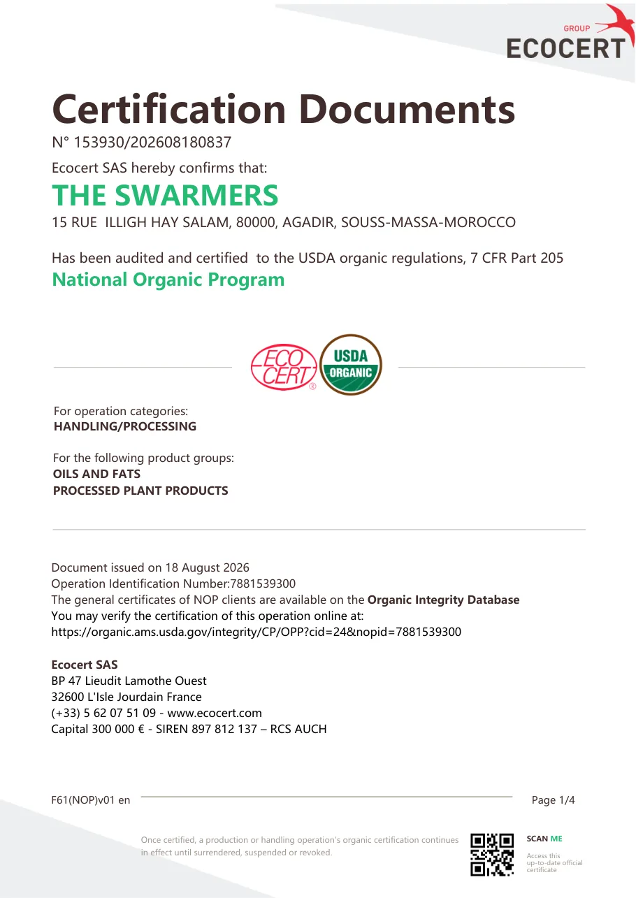 First page of the USDA organic certification document of The Swarmers, issued by Ecocert